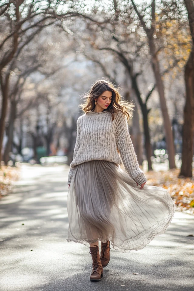 Layering Chunky Knits with Lightweight Chiffon Skirts - photo 9