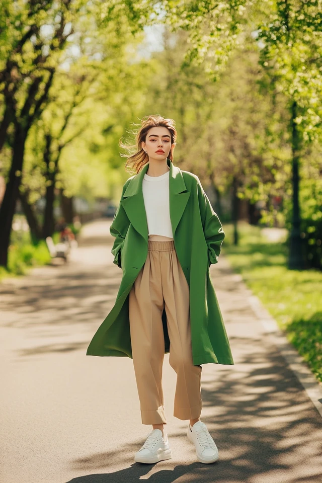 Fresh Green and Beige Combinations for Spring Coats