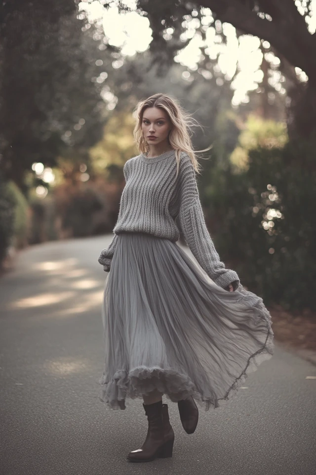 Layering Chunky Knits with Lightweight Chiffon Skirts
