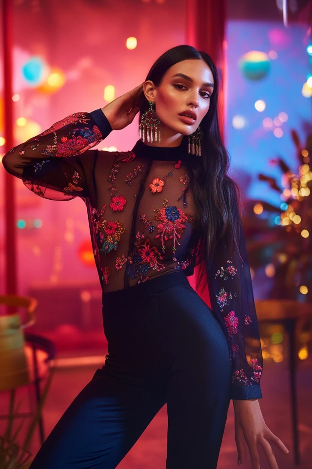 Pairing Sheer Mesh and Embroidery in Party Tops