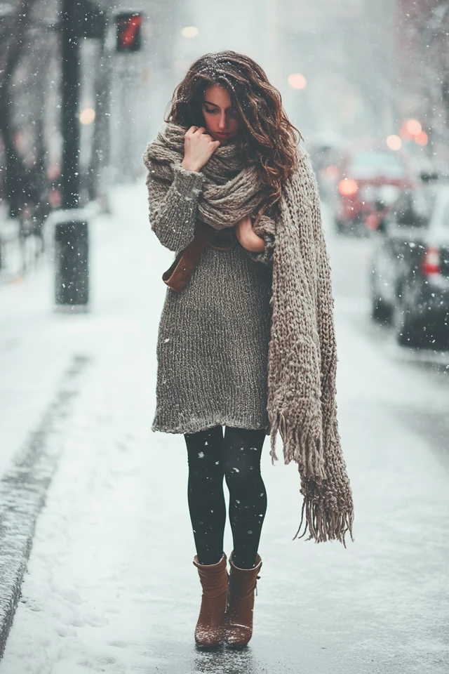 Chunky Knit Scarves and Dresses for Winter Chic