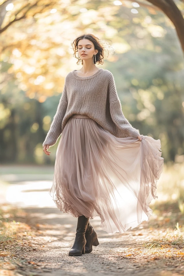 Layering Chunky Knits with Lightweight Chiffon Skirts - photo 6