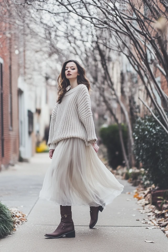 Layering Chunky Knits with Lightweight Chiffon Skirts - photo 7