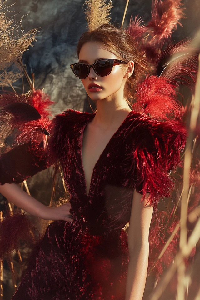 Luxurious Velvet and Feather Accents for Bold Dresses