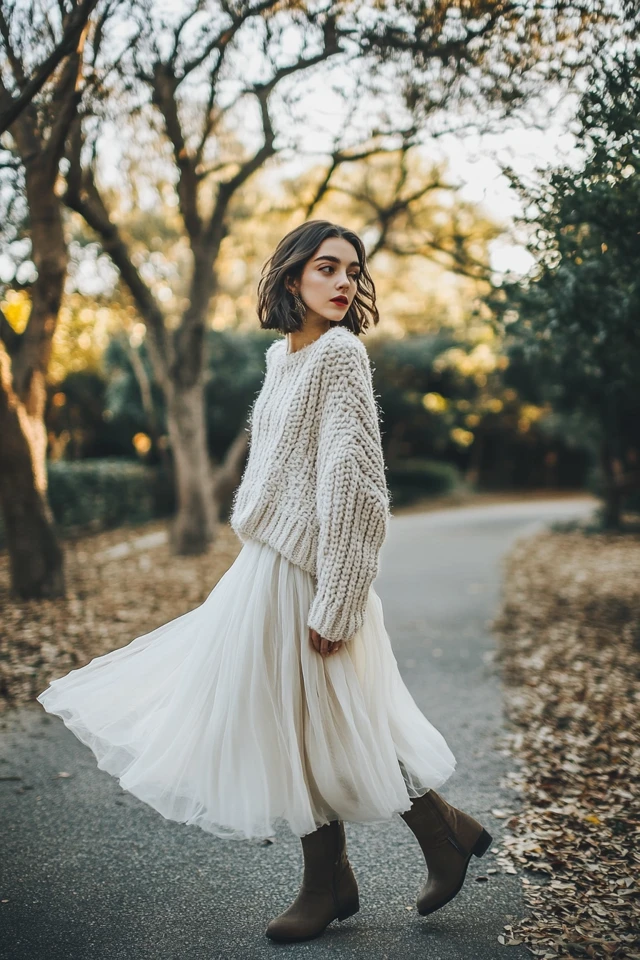 Layering Chunky Knits with Lightweight Chiffon Skirts - photo 8
