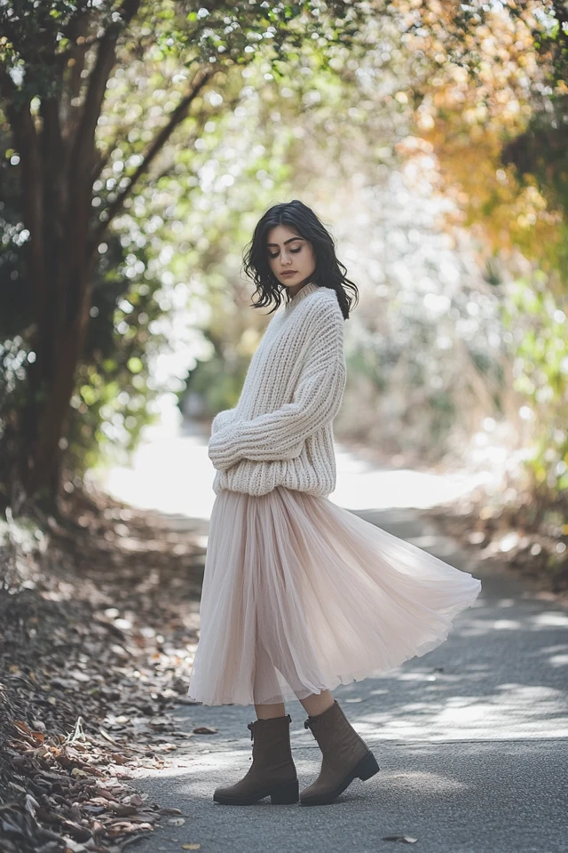 Layering Chunky Knits with Lightweight Chiffon Skirts - photo 4