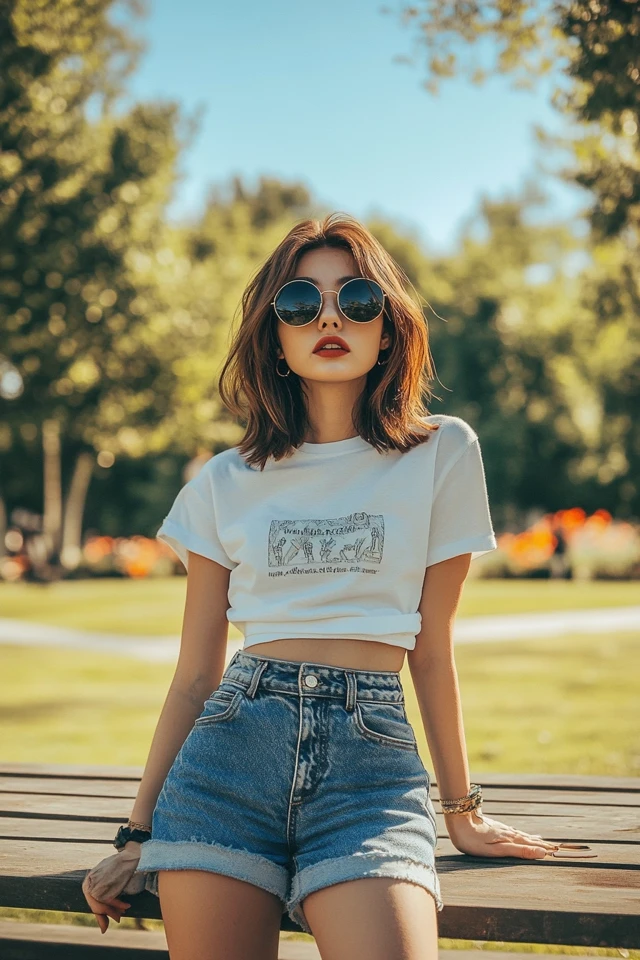 Woman wearing a classic denim mini skirt in a casual outfit