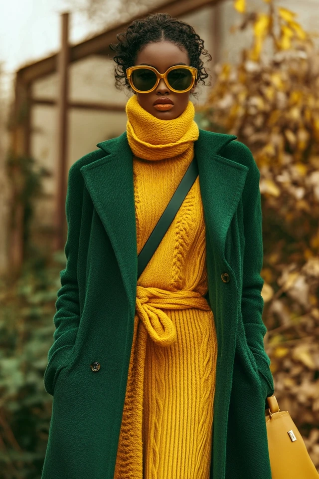Golden Yellow and Deep Forest Green Pairings for Outerwear
