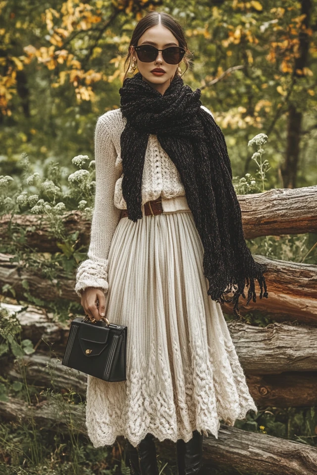 Layering Chunky Knit Scarves with Silk Dresses