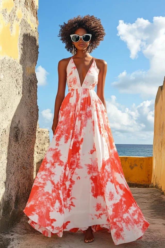 Coral and White in Stylish Vacation Maxi Dresses