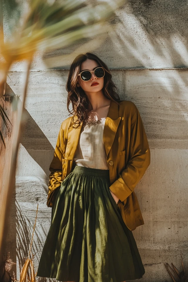 How to Style Olive and Gold in Effortless Midi Skirts
