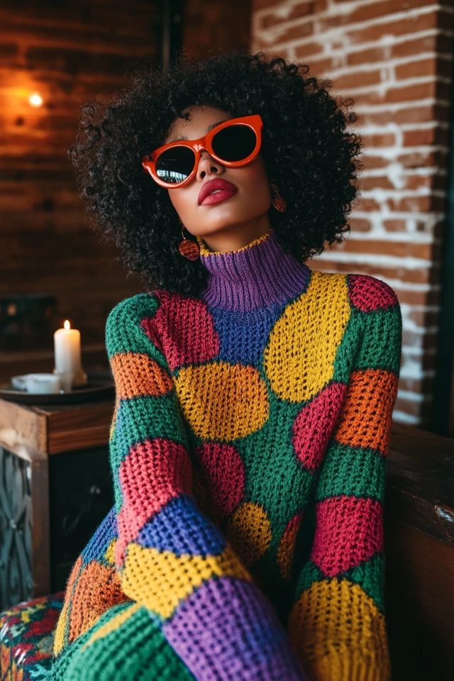 Colorful knit dress styled for a cozy winter look
