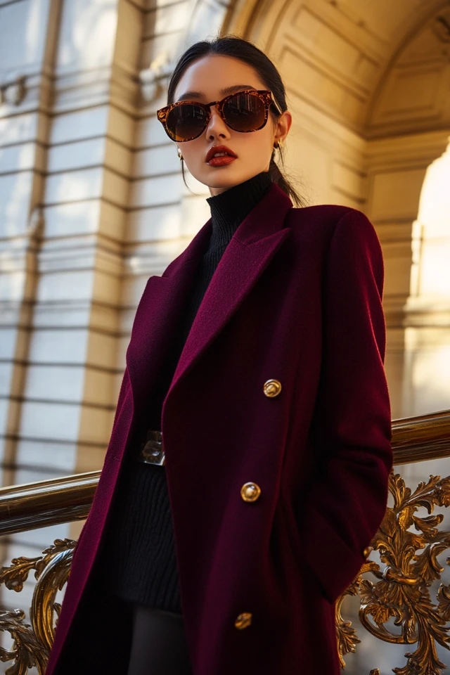 Rich Burgundy and Gold Accents for Statement Outerwear