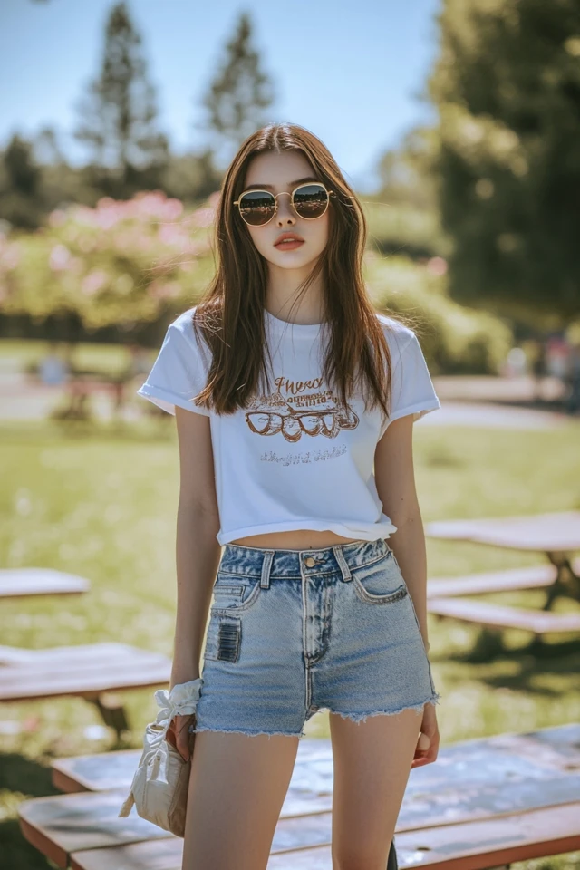 Denim mini skirt layered with seasonal pieces for a youthful look