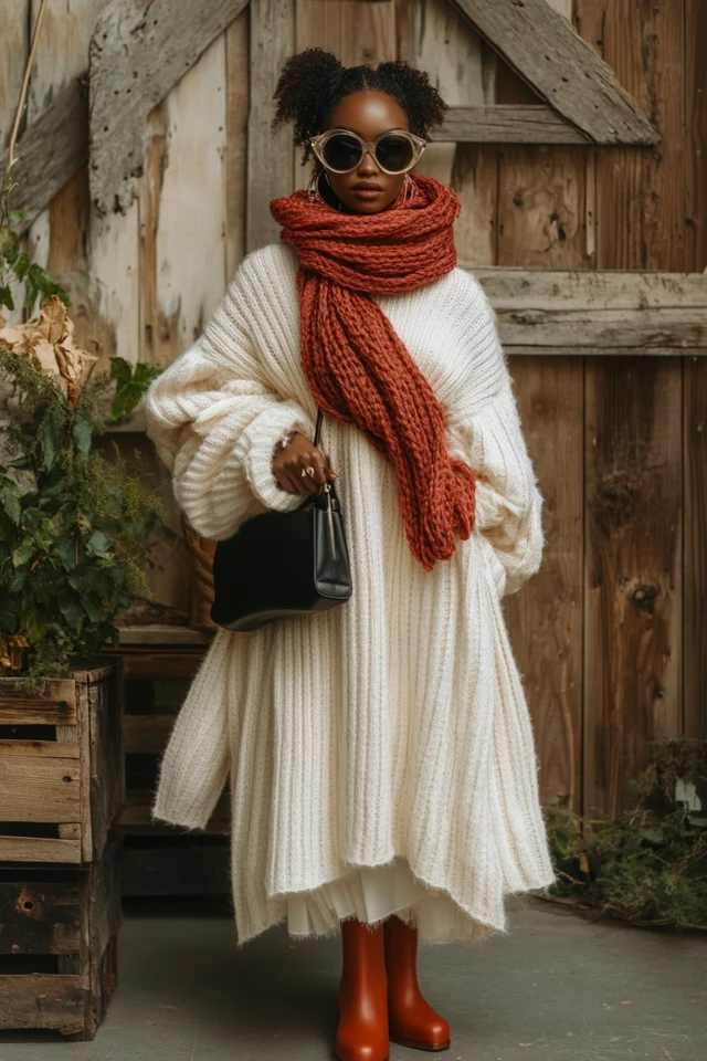 Layering Chunky Knit Scarves with Silk Dresses - photo 5