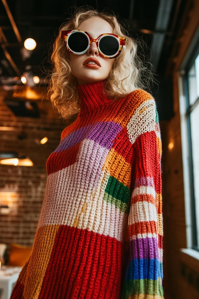 Bright winter knit dress outfit paired with a coat