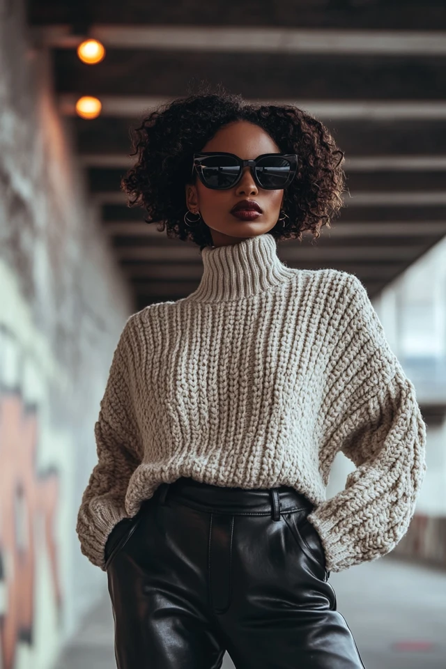 Mixing Chunky Knits with Leather Pants for Edgy Layers: A Perfect Blend of Cozy and Cool - photo 2