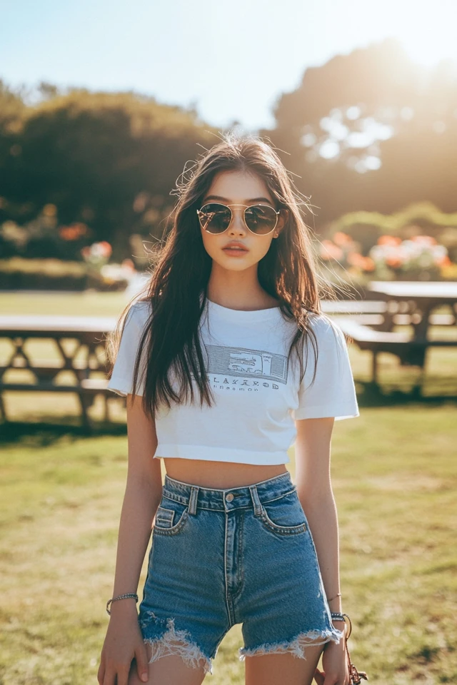 Denim mini skirt styled with a simple top to show its fit and silhouette