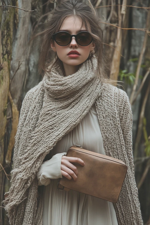 Layering Chunky Knit Scarves with Silk Dresses - photo 2