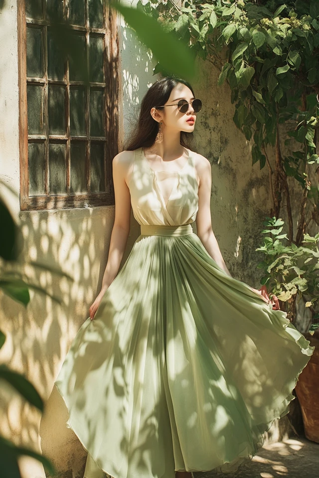 Soft Green and Warm Cream in Feminine Skirts: A Fresh and Elegant Pairing