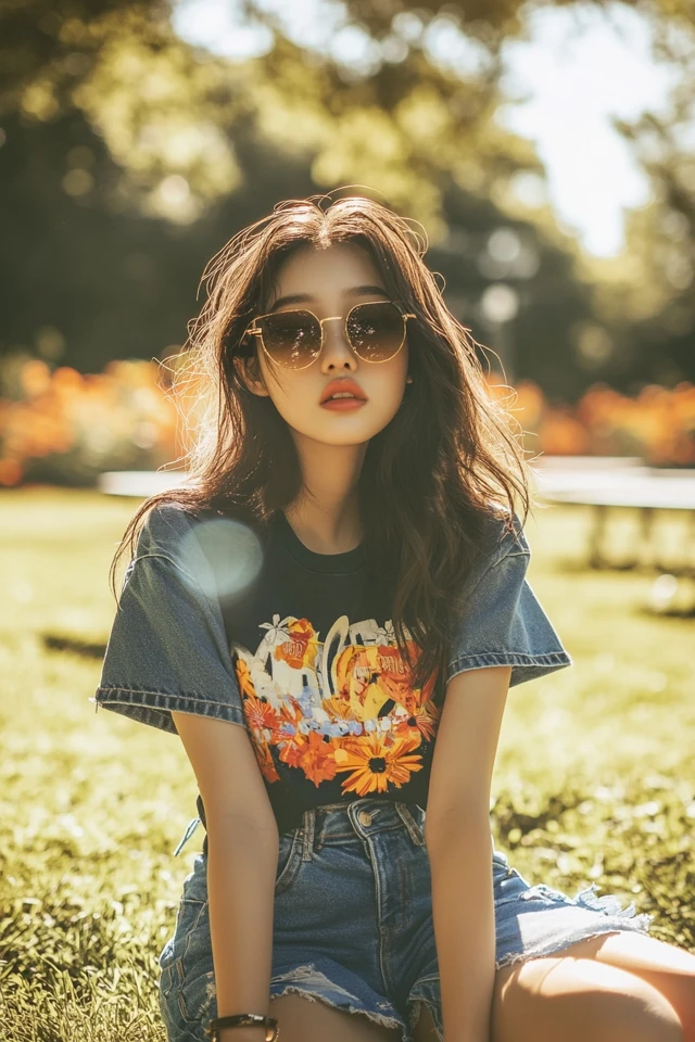 Denim skirt outfit demonstrating proportion and balance with the top