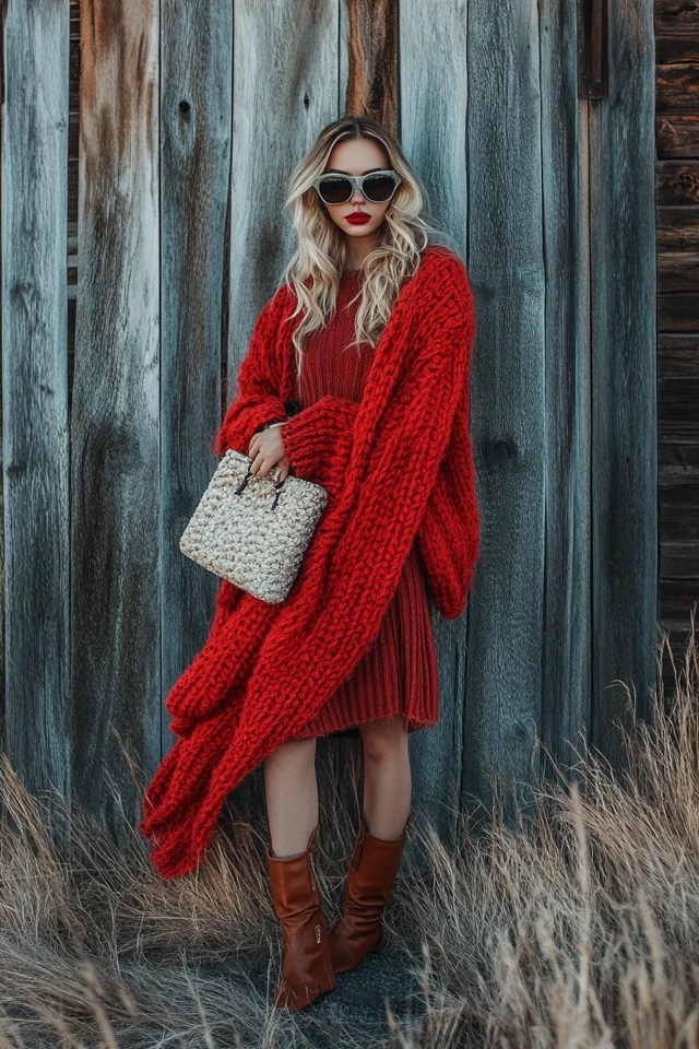 Layering Chunky Knit Scarves with Silk Dresses - photo 6