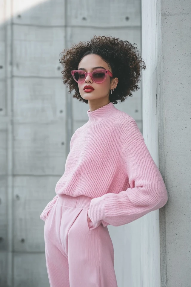 Monochrome Pink Outfits with Layered Textures - photo 6