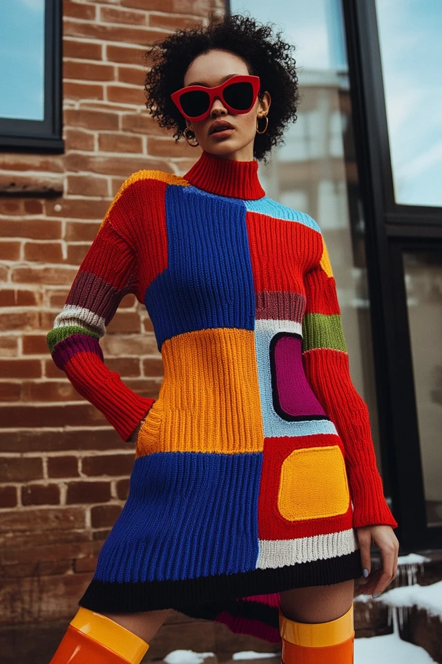 Knit dress with sleeves layered for cold-weather styling
