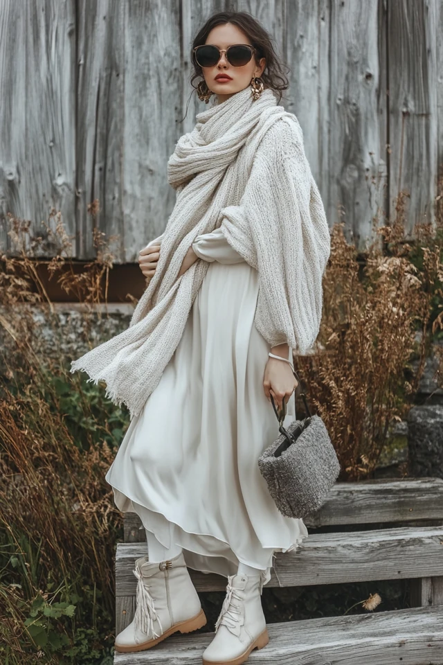 Layering Chunky Knit Scarves with Silk Dresses - photo 7