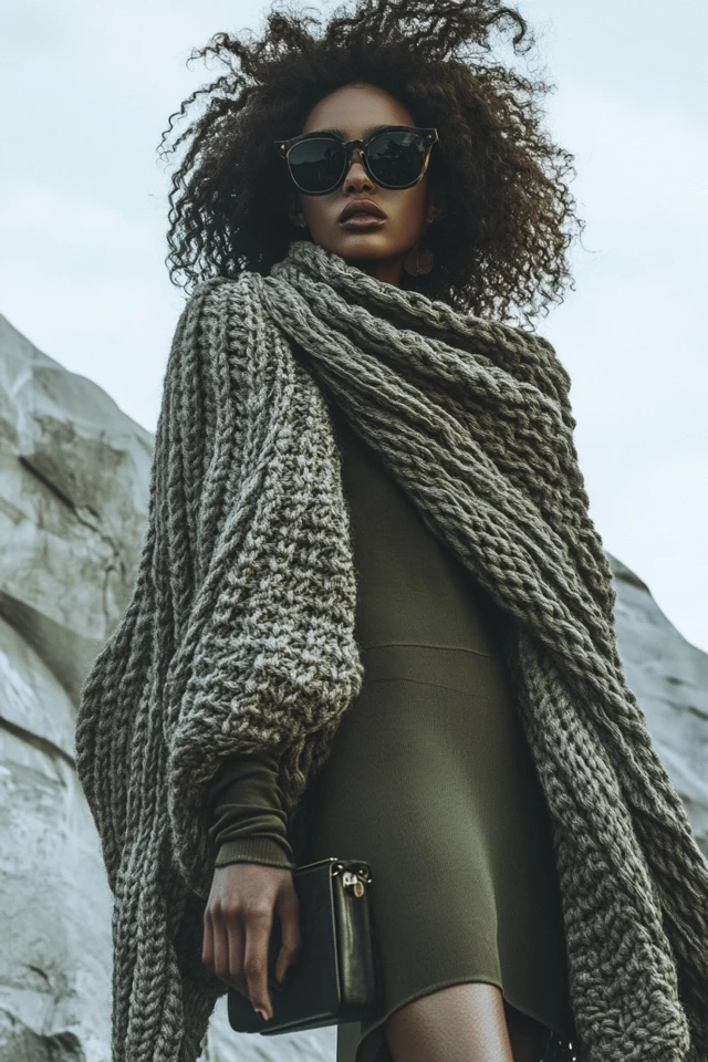 Layering Chunky Knit Scarves with Silk Dresses - photo 4