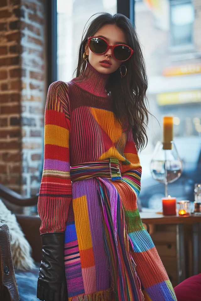 Textured knit dress showing winter knit detail and fit