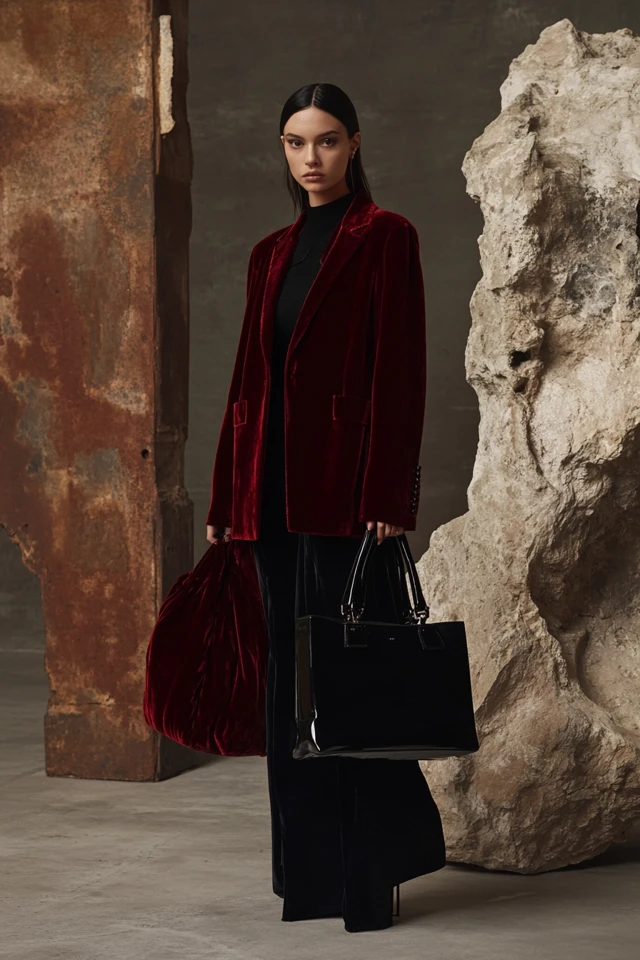 Woman in a burgundy velvet coat holding a black bag beside a stone sculpture