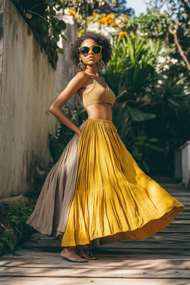 How to Wear Taupe and Lemon Yellow in Flowy Skirts