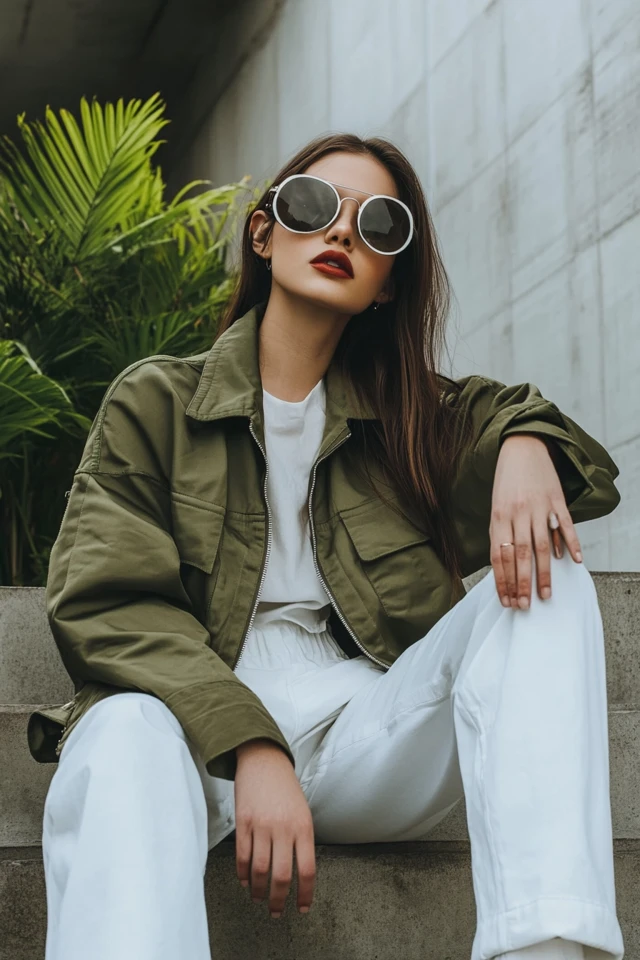 Crisp White and Soft Olive Outfits for Transitional Seasons