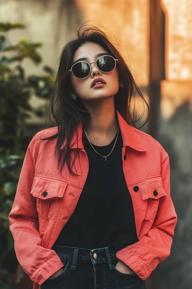 Mixing Black and Coral for Effortless Casual Jackets