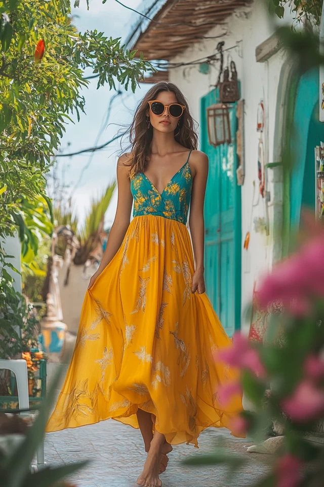 Aqua and Mustard Combinations for Bright Vacation Dresses