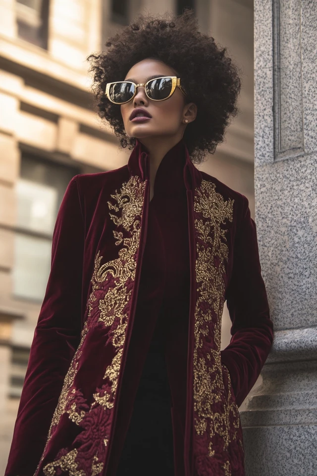 Rich Burgundy and Gold Accents for Statement Outerwear