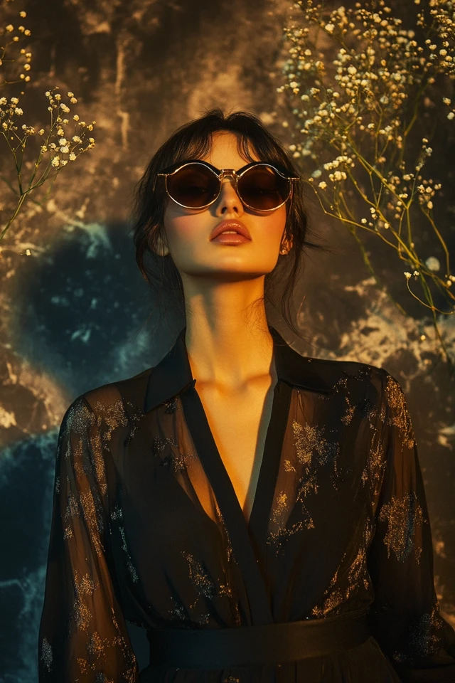 Woman in a sheer black blouse and gold-toned sunglasses against warm amber light