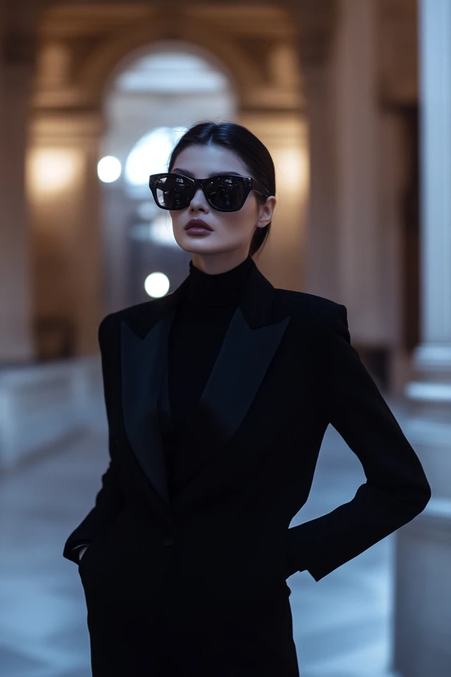 Woman in a black tailored suit and sunglasses in a marble hall