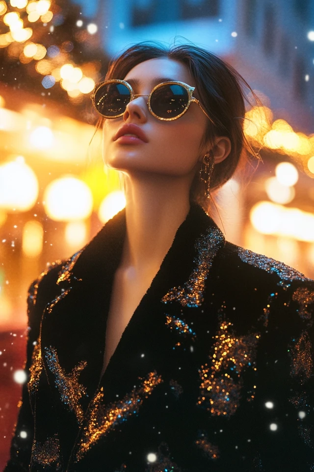 Woman in a sparkling velvet jacket and sunglasses at night