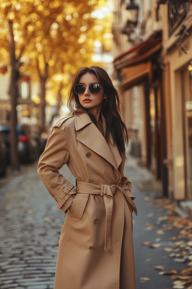 Woman in a belted beige trench coat on a cobblestone street lined with autumn trees