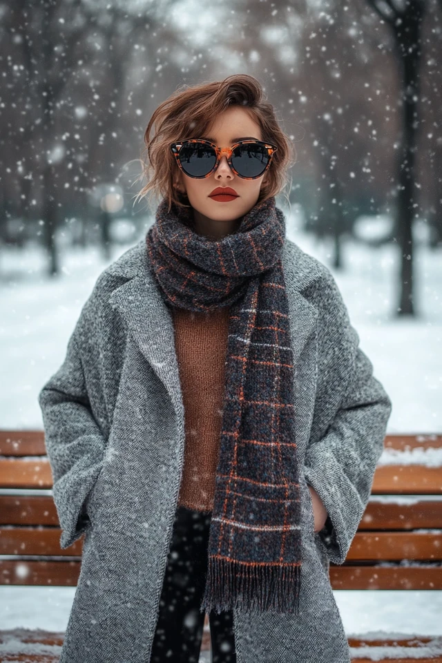 Woman in a grey coat and plaid blanket scarf on a snowy afternoon