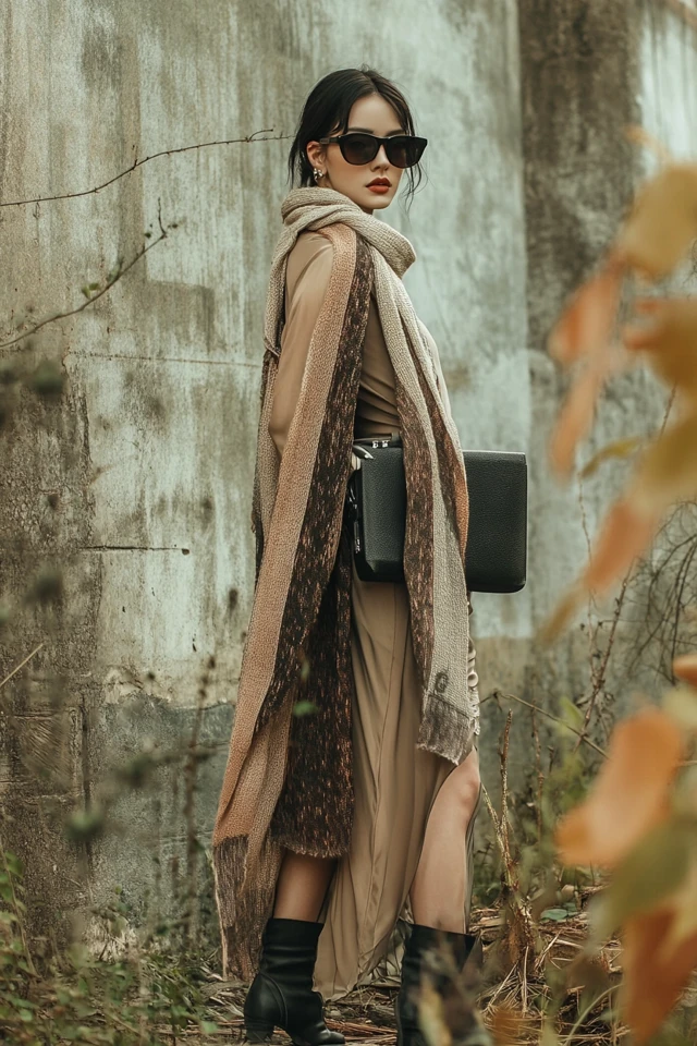 Layering Chunky Knit Scarves with Silk Dresses - photo 8