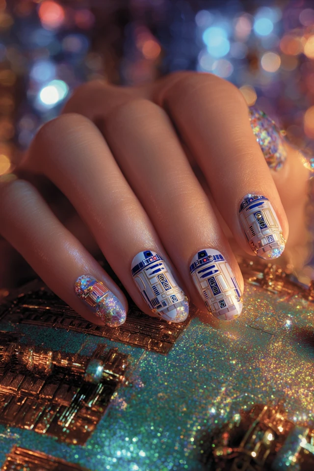 Whimsical R2-D2 Nails
