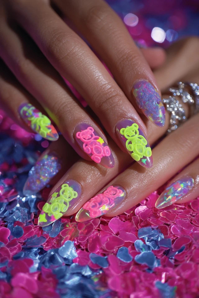 Neon Teddy Nails Extravaganza