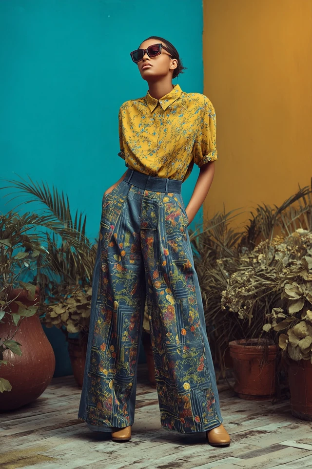 Dark Academia Denim Wide‑Leg Pants