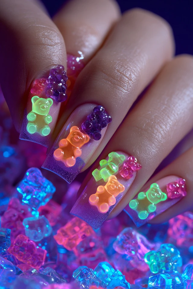 Gummy Bear Glow Nails Extravaganza