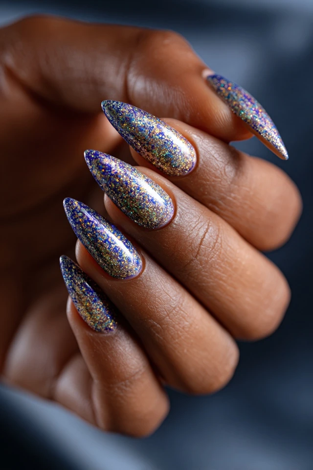 Celestial Iridescent Flake Design Nails