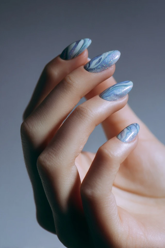Glittering Marble Water Glam Nails