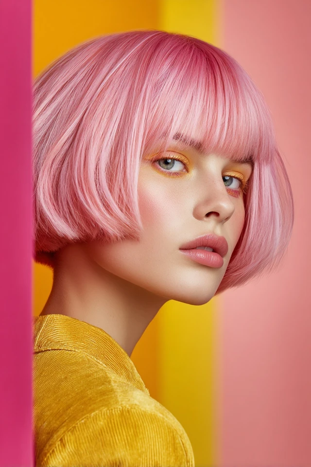 Portrait of a woman with a glossy pink blunt bob against a yellow and pink backdrop